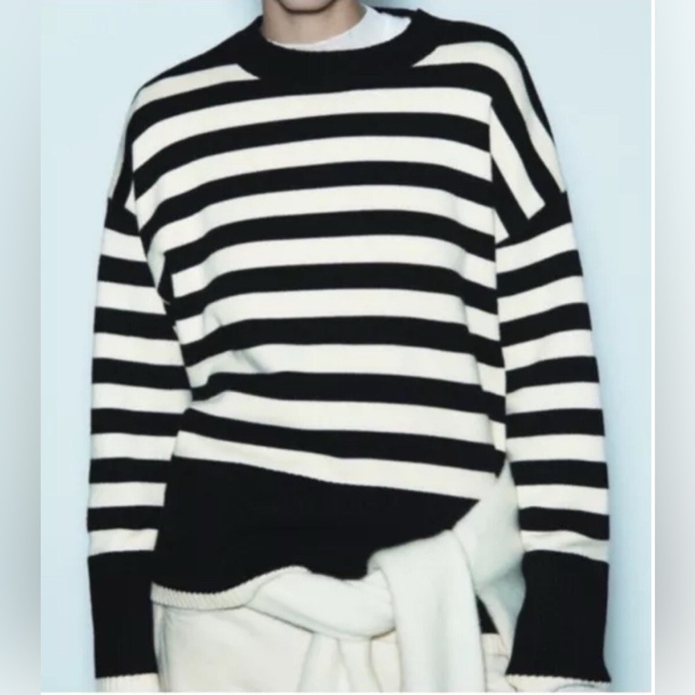 Zara Oversized Black and Ivory Striped Sweater